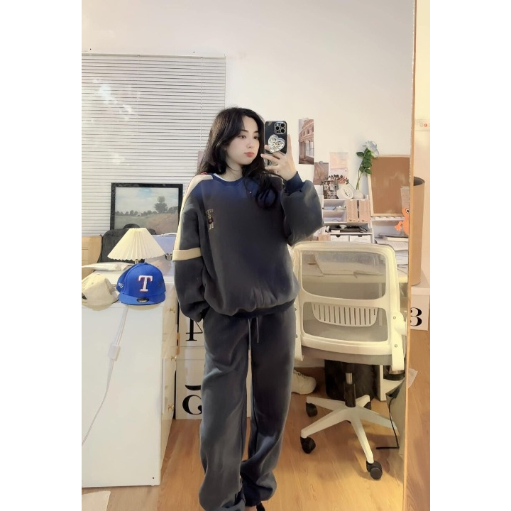 Set đồ Bear phối Nữ, Set nỉ dài tay quần bo gấu Nữ với chất liệu nỉ mềm mịn không xù