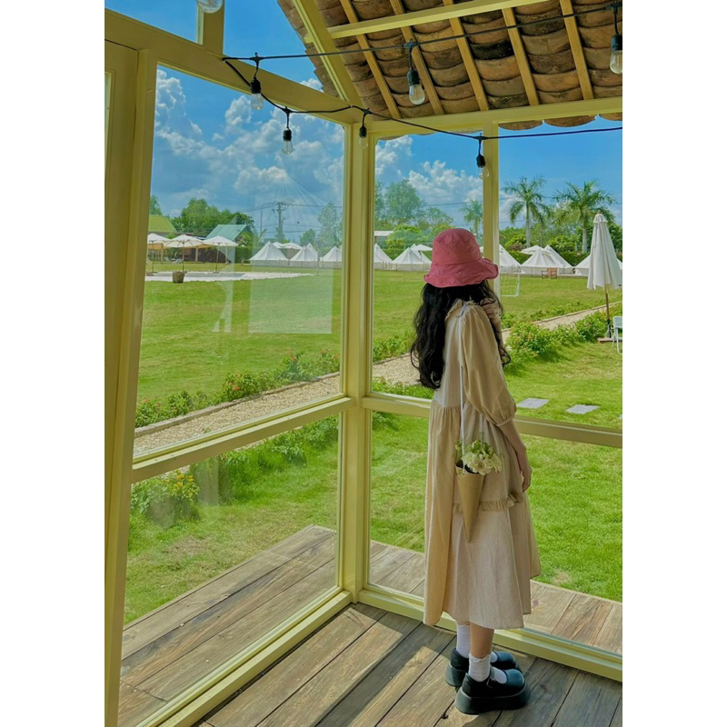 Đầm babydoll Gà vintage ghép vải tay phồng dáng xoè