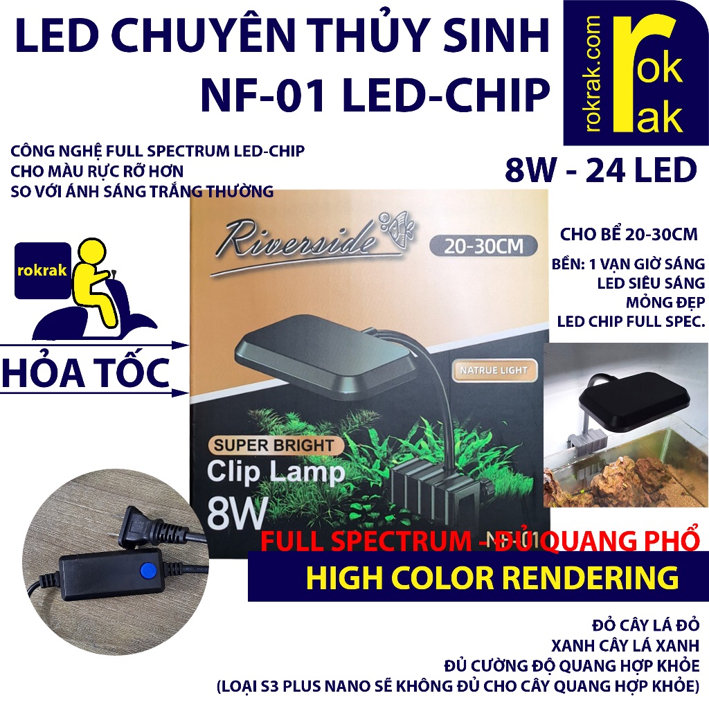Đèn Led kẹp NF-02  NF02 | NF01  RIVERSIDE Công Nghệ LED-CHIP FULL SPECTRUM chuyên cho hồ thủy sinh 20-40cm