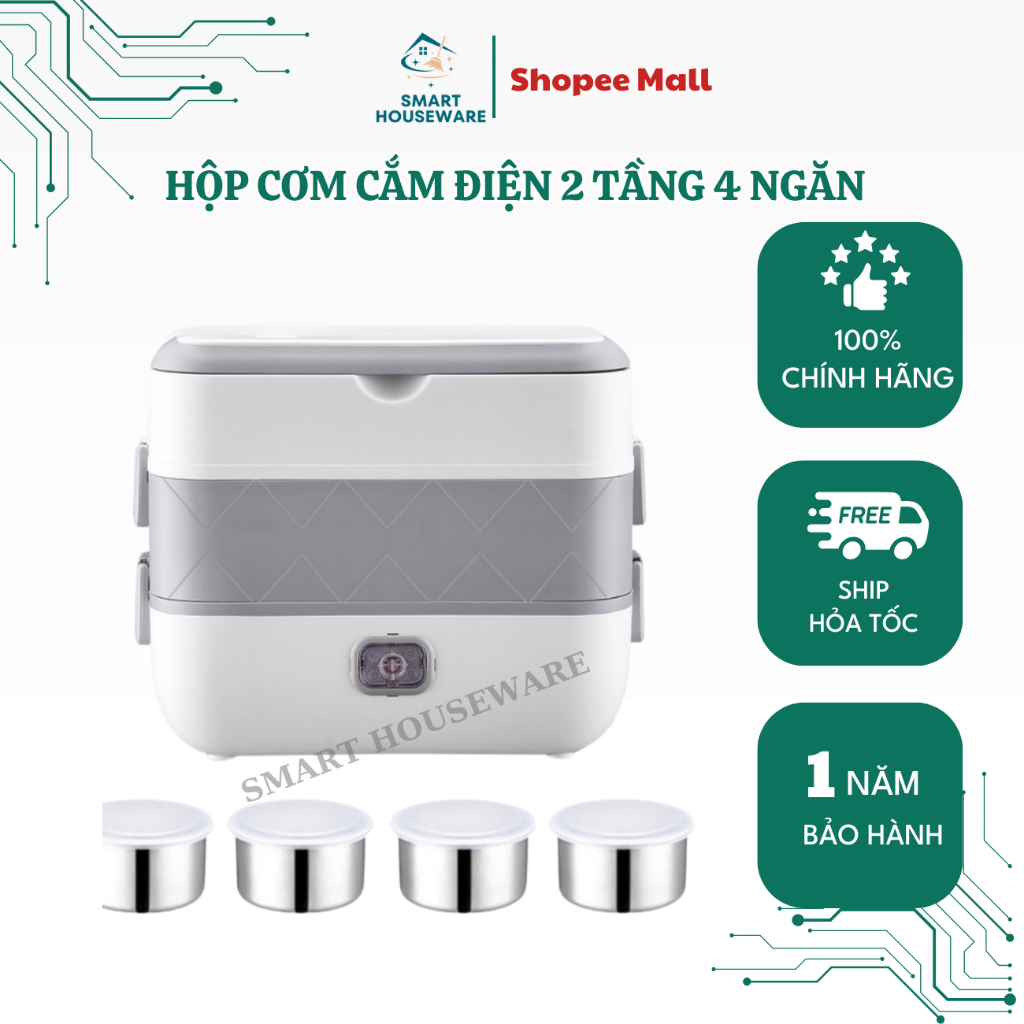 Hộp cơm cắm điện 2 tầng 4 ngăn inox giữ nhiệt hâm đóng và tự nấu chín thức ăn, Cà Men Đựng Cơm Đi Làm