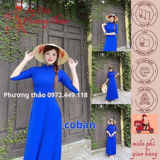 Áo dài truyền thống lụa mỹ màu coban, cổ 2 phân , trơn , tay lỡ ms cbtl2p