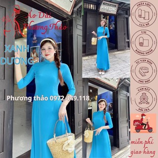 Áo dài truyền thống lụa mỹ màu xanh dương, cổ 2 phân , trơn , tay lỡ ms xdtl2p