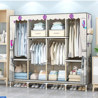 Tủ quần áo Vải Khung gỗ Tủ quần áo 4 buồng 8 ngăn Tủ vải khung Gỗ tủ treo đựng quần áo vải sinh viên