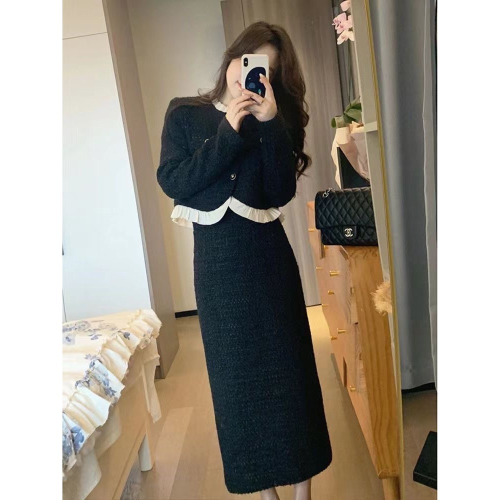 Set váy áo dạ Tweed dáng dài 2 lớp đứng form, chân váy lưng có chun co giãn phong cách tiểu thư Hàn Quốc [SD1]