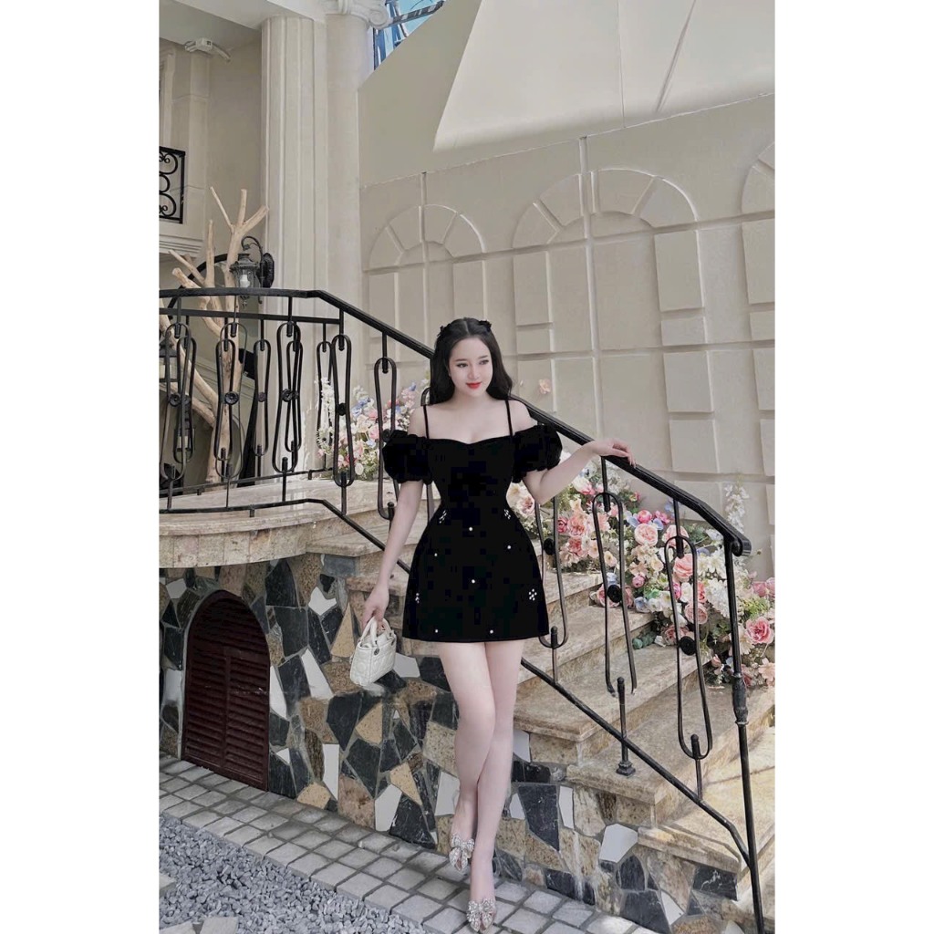 Váy đầm nữ chất nhung dáng xòe tay bồng bẹt vai đính cườm kiểu dáng sang chảnh quý phái