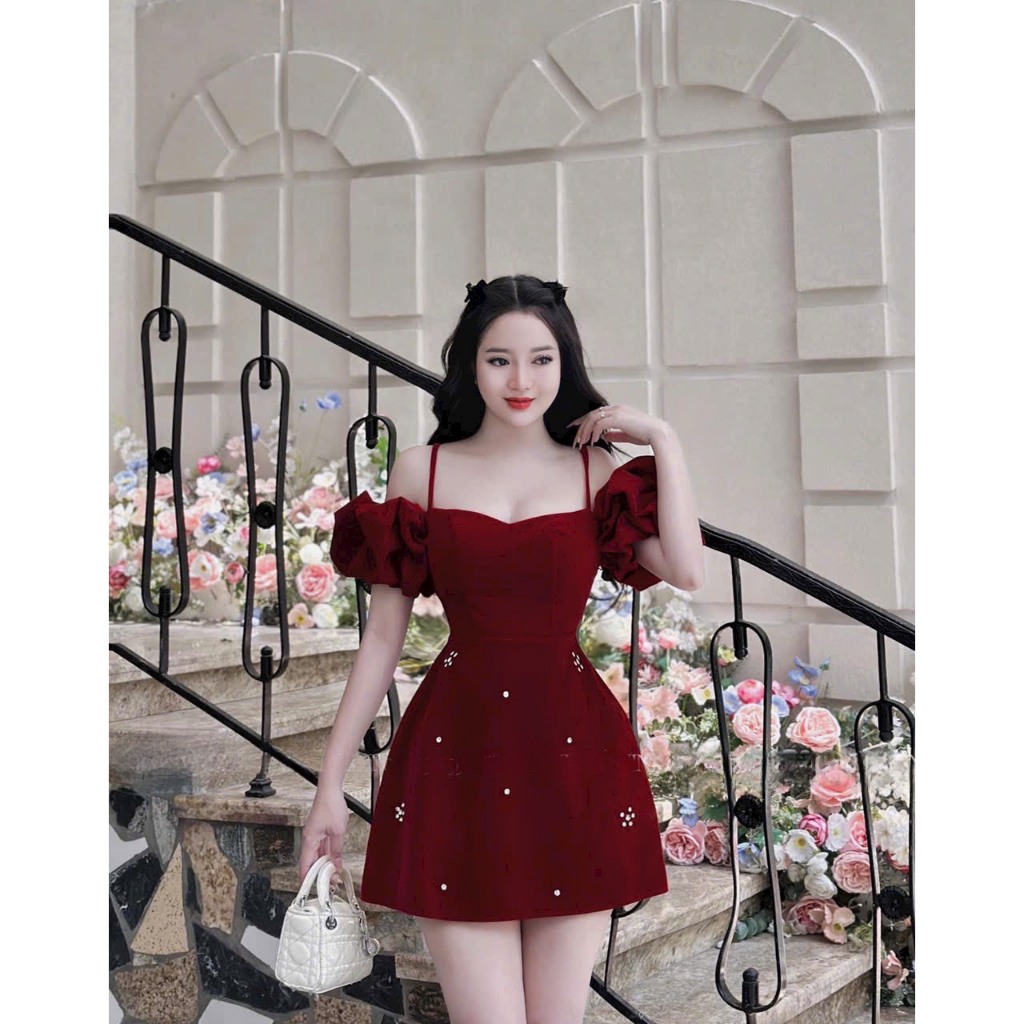 Váy đầm nữ chất nhung dáng xòe tay bồng bẹt vai đính cườm kiểu dáng sang chảnh quý phái