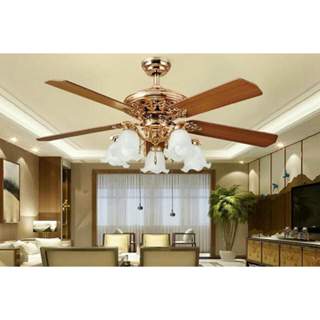 Quạt trần đèn chùm cổ điển LED XANH có 5 chao đèn rủ,remote từ xa thông minh động cơ tiết kiệm điện