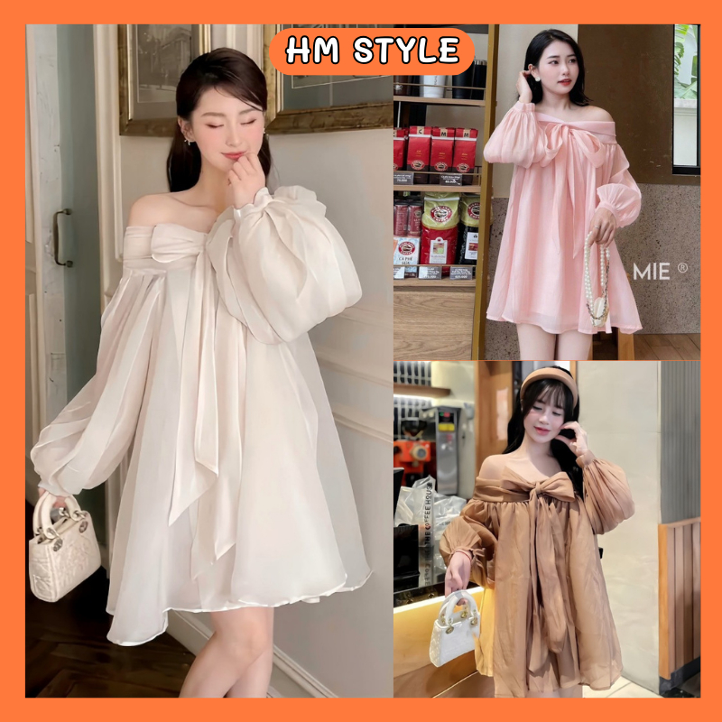 Váy babydoll trễ vai nơ ngực chất voan tơ 2 lớp mềm mại, đầm bánh bèo tiểu thư xinh xắn mã HV379 | BigBuy360 - bigbuy360.vn