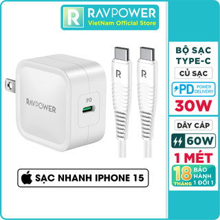Bộ củ sạc nhanh type c pd 30w ravpower rp-pc120 + cáp type c to c 60w dài 1 mét rp-cb047 - hàng chính hãng