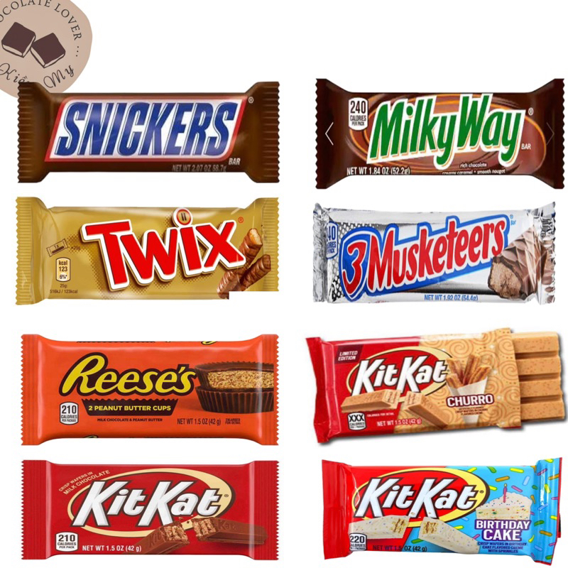 Kẹo socola thanh Mỹ Snicker, Milky Way, Twix, 3Musketeers, Reese, Kit Kat.