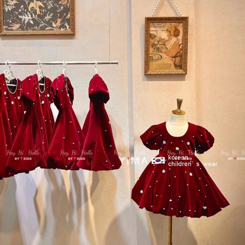 Đầm váy nhung hoạ tiết ngọc trai cho bé