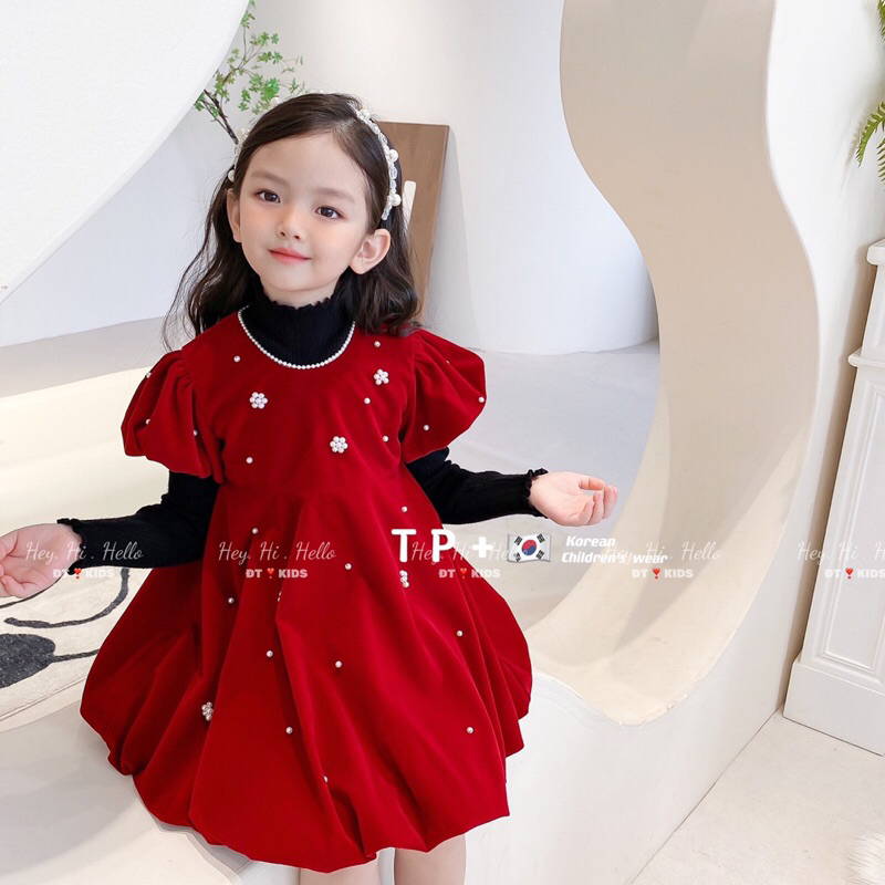 Đầm váy nhung hoạ tiết ngọc trai cho bé