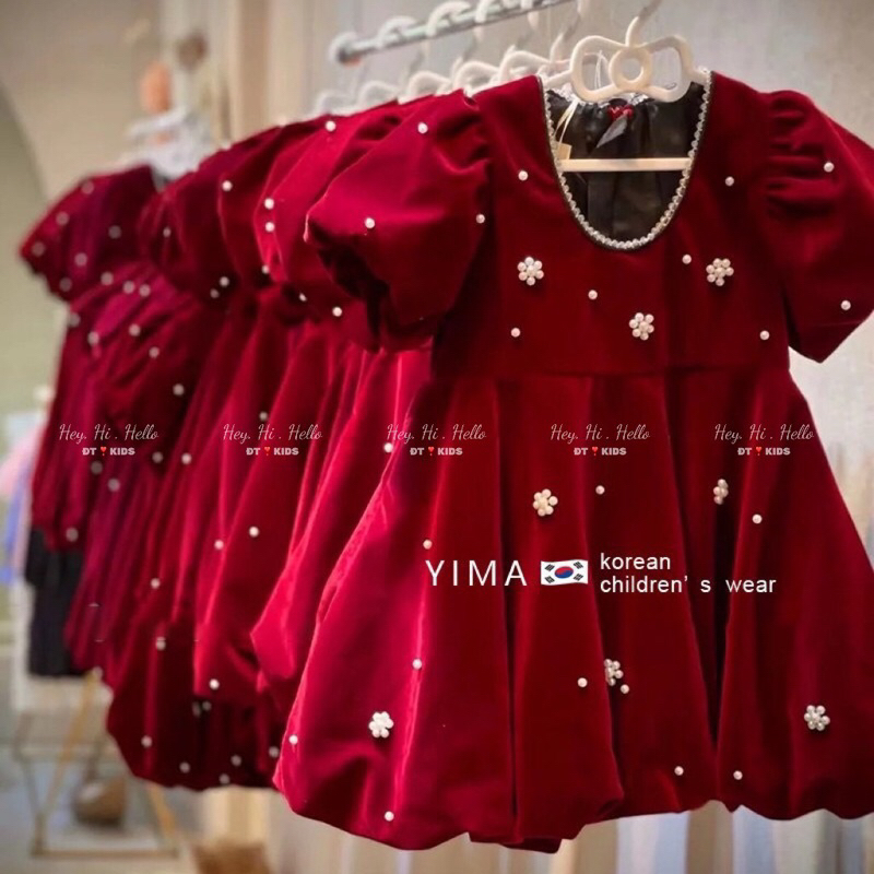 Đầm váy nhung hoạ tiết ngọc trai cho bé