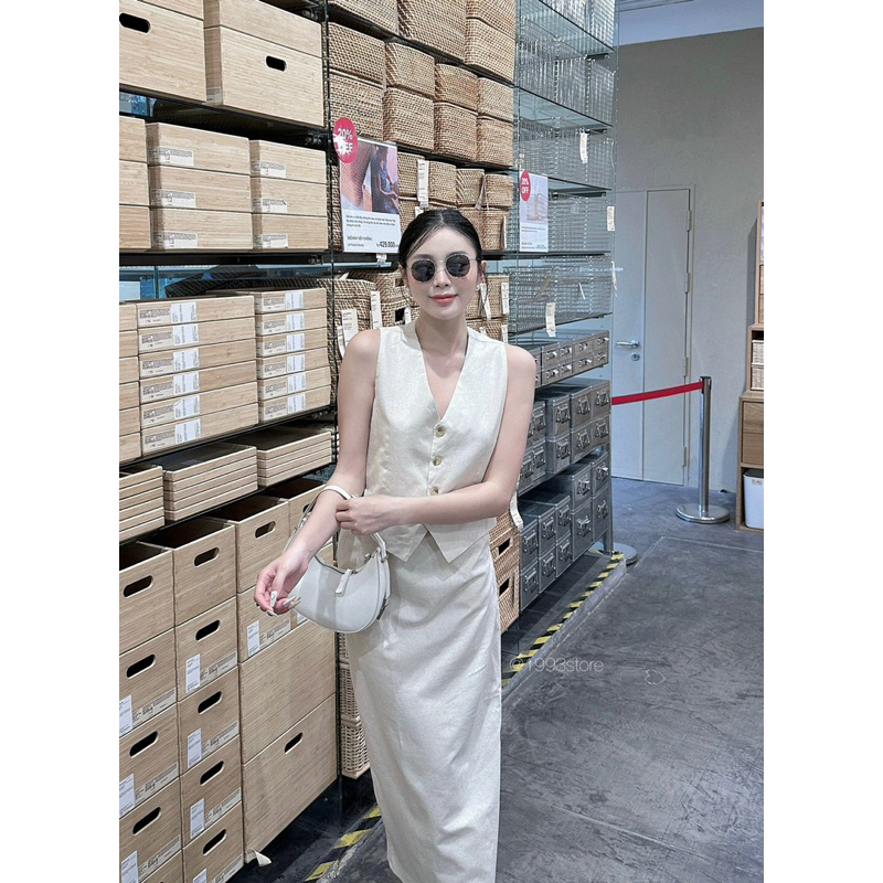 SET LINEN ÁO GHILE MIX CHÂN VÁY DÀI BASIC XẺ SAU SANG CHẢNH MÀU KEM SÁNG MUỐI TIÊU