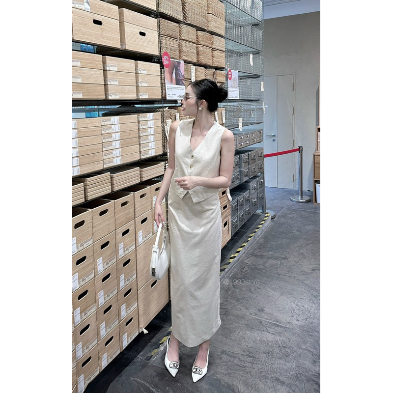 SET LINEN ÁO GHILE MIX CHÂN VÁY DÀI BASIC XẺ SAU SANG CHẢNH MÀU KEM SÁNG MUỐI TIÊU