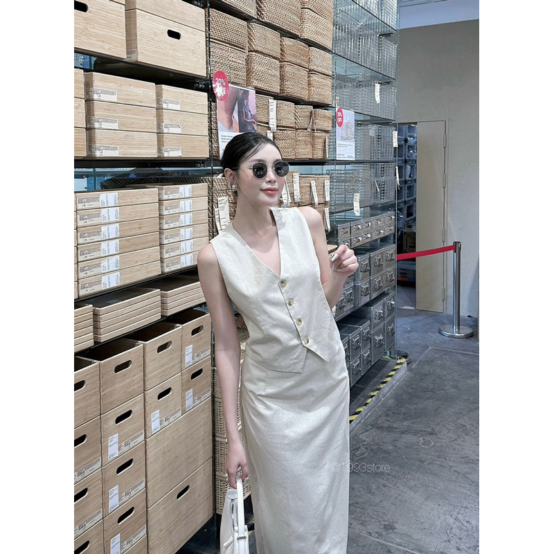 SET LINEN ÁO GHILE MIX CHÂN VÁY DÀI BASIC XẺ SAU SANG CHẢNH MÀU KEM SÁNG MUỐI TIÊU