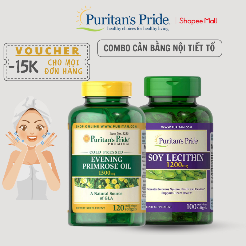 Combo viên uống mầm đậu nành Soy Lecithin và viên uống tinh dầu hoa anh thảo 1300 mg 120 viên Puritan’s Pride của Mỹ