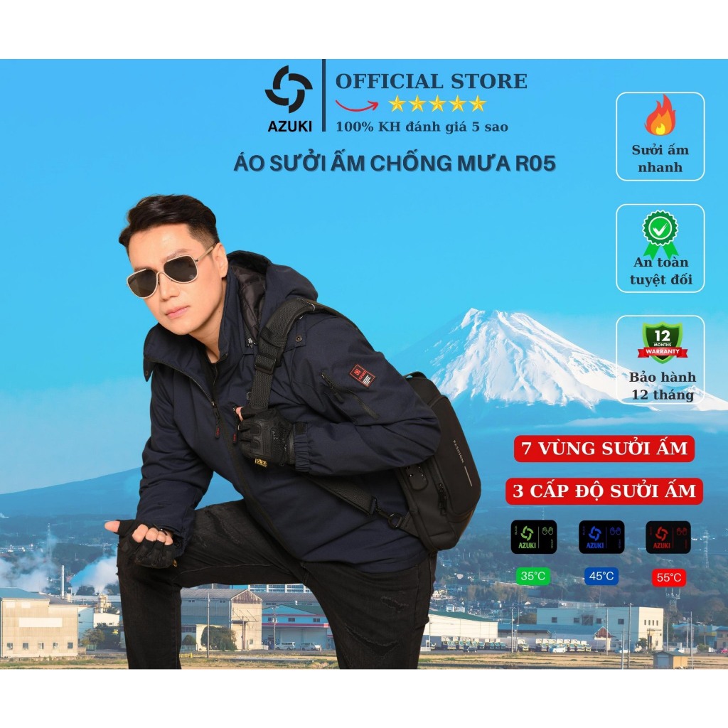 Áo Sưởi Ấm Azuki Raincoat R05 Chống Mưa Siêu Tốt, Pin 24000mah Chạy 10 Đến 15 Tiếng, Mới Nhất 2023, Bảo Hành 12T -HAKARA