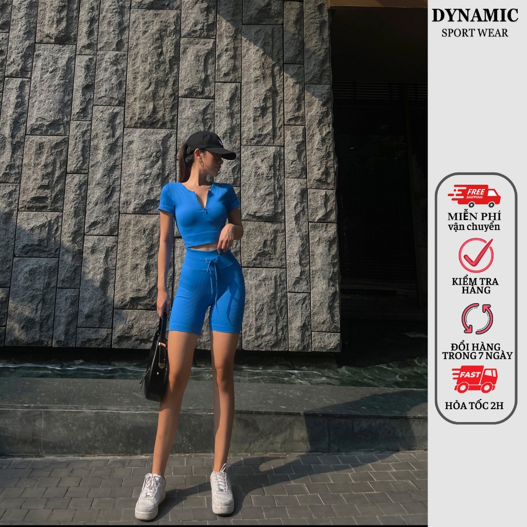 Quần đùi và Croptop thể thao tập Gym, Yoga, Aerobic nữ Biker dệt gân đầy đặn co giãn 4 chiều ôm dáng