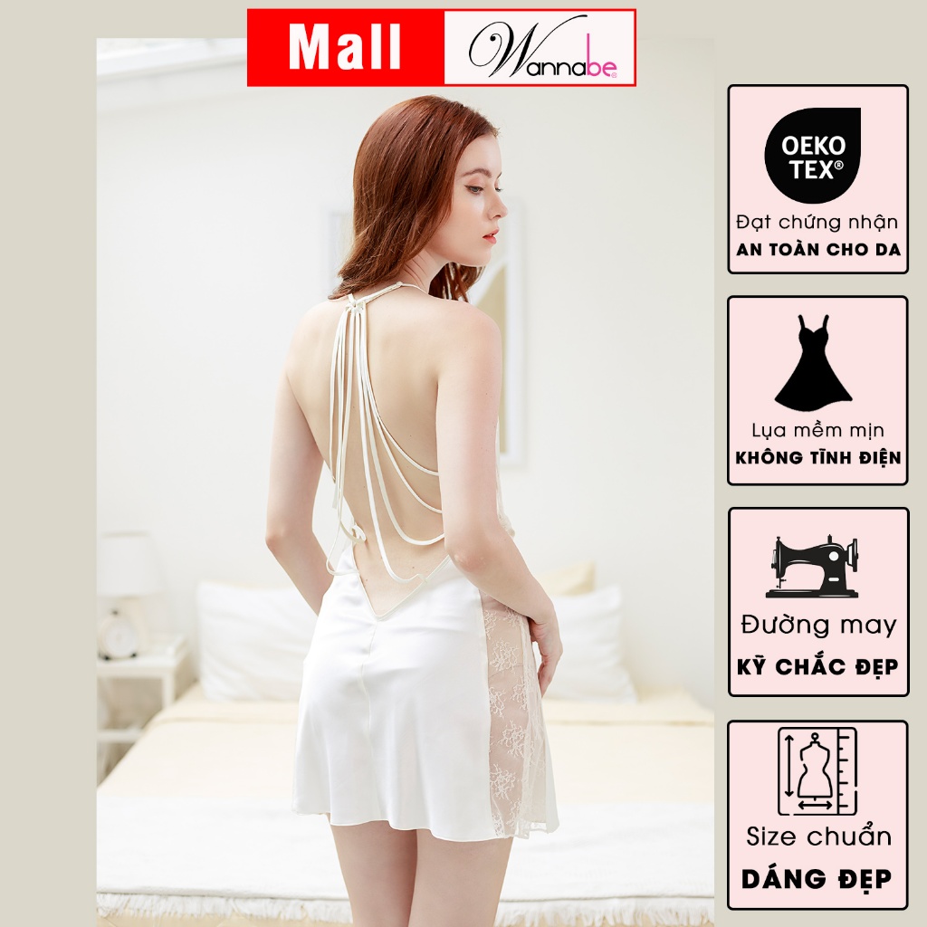 Đầm ngủ WANNABE DNS36 váy ngủ lụa cổ chữ V xẻ sâu, lưng cut-out đan 8 dây phối ren khoe vai eo mông đùi quyến rũ gợi cảm