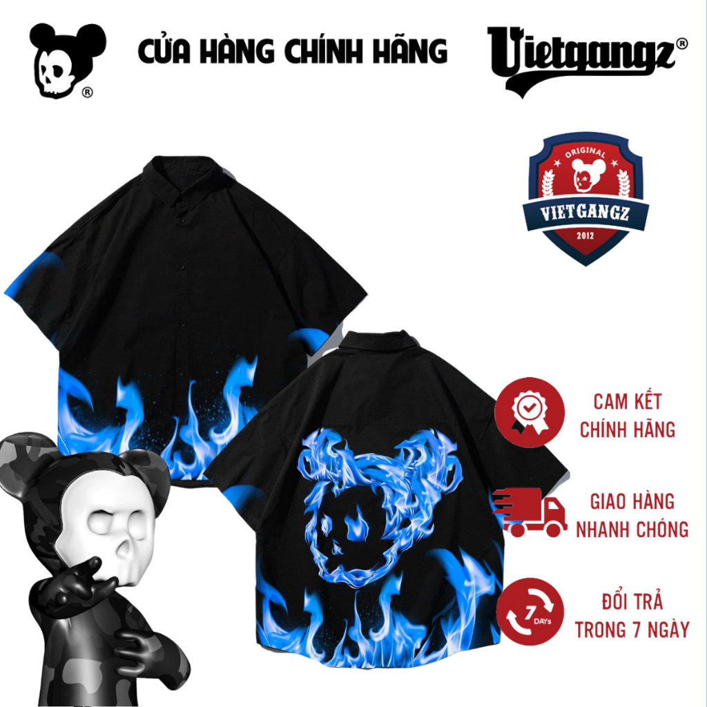 Áo Sơ Mi Tay Ngắn Form Rộng Nam Nữ VIETGANGZ Có Hình Lửa Độc Đáo