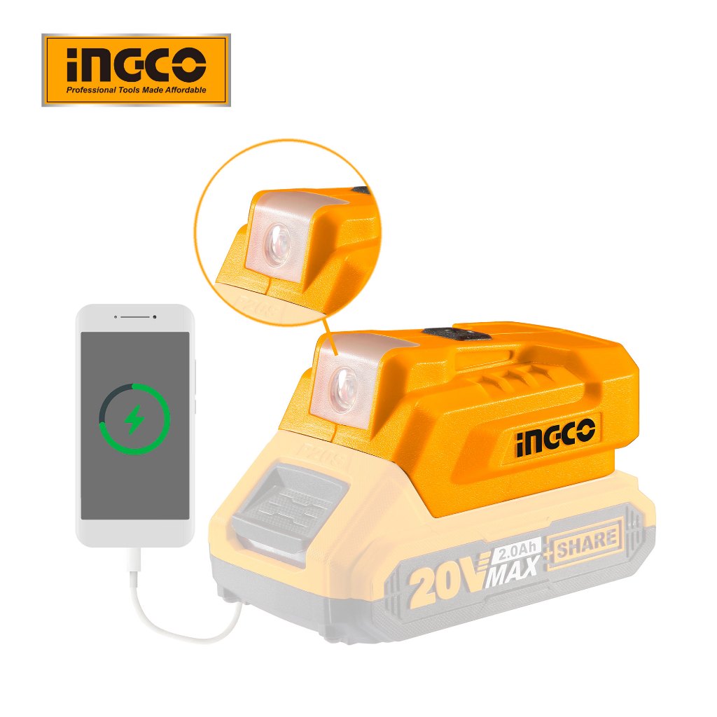Thiết bị đế chuyển đổi Pin Sạc cổng USB 20V INGCO CUCLI2001 5V/1A 12V/0.5A INGCO CUCLI2022 (Không bao gồm pin và sạc)