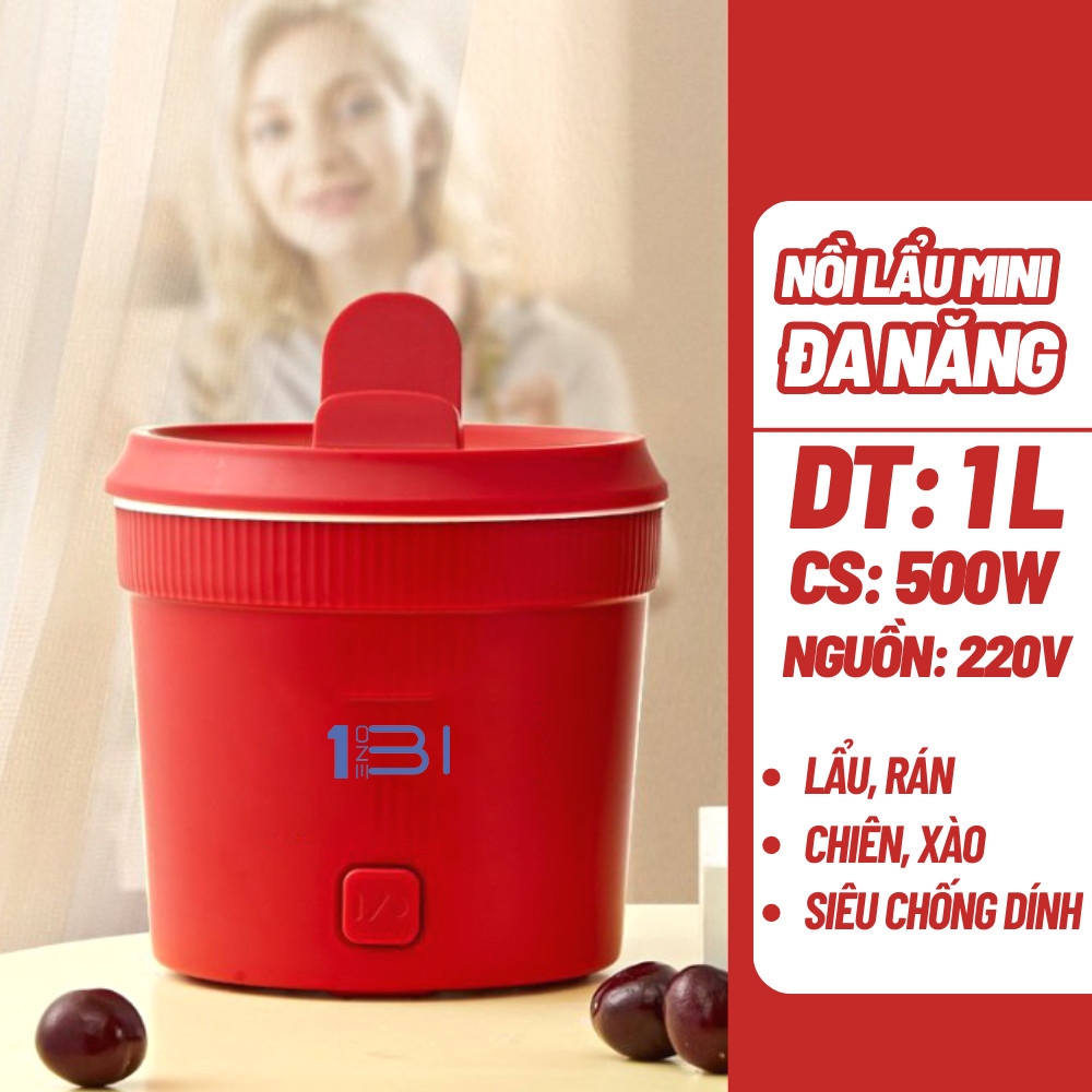 Nồi Lẩu Điện Mini Chống Dính ONEBI Vân Đá Dung Tích 1L Nắp Có Giá Đỡ Điện Thoại