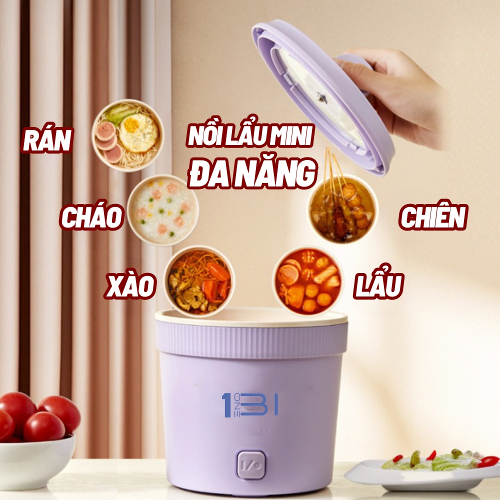 Nồi Lẩu Điện Mini Chống Dính ONEBI Vân Đá Dung Tích 1L Nắp Có Giá Đỡ Điện Thoại