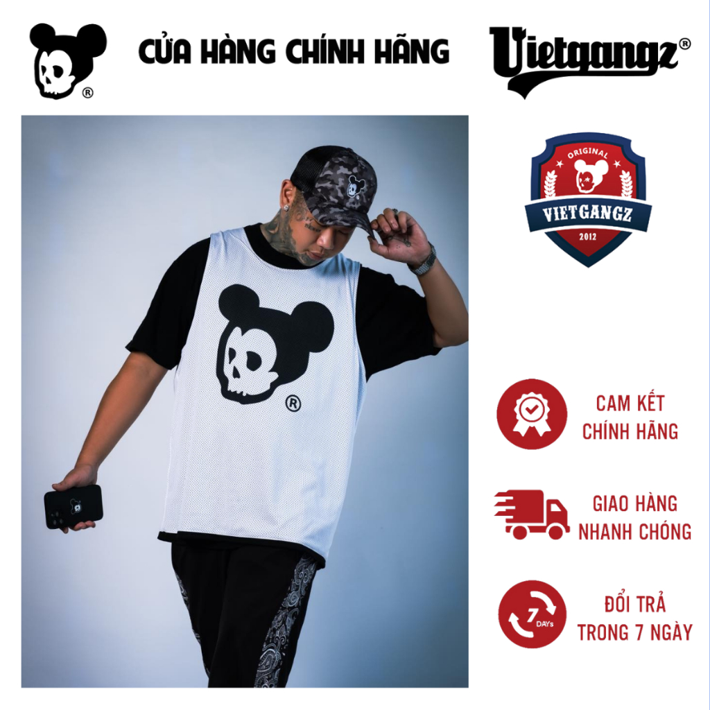 Áo Ba Lỗ Vietgangz Mặc Được 2 mặt (Trắng-Đen), Kiểu Dáng Thể Thao, In Lụa Logo Thêu Sau Cổ, Chất Liệu Mè CỰC Thoáng Mát