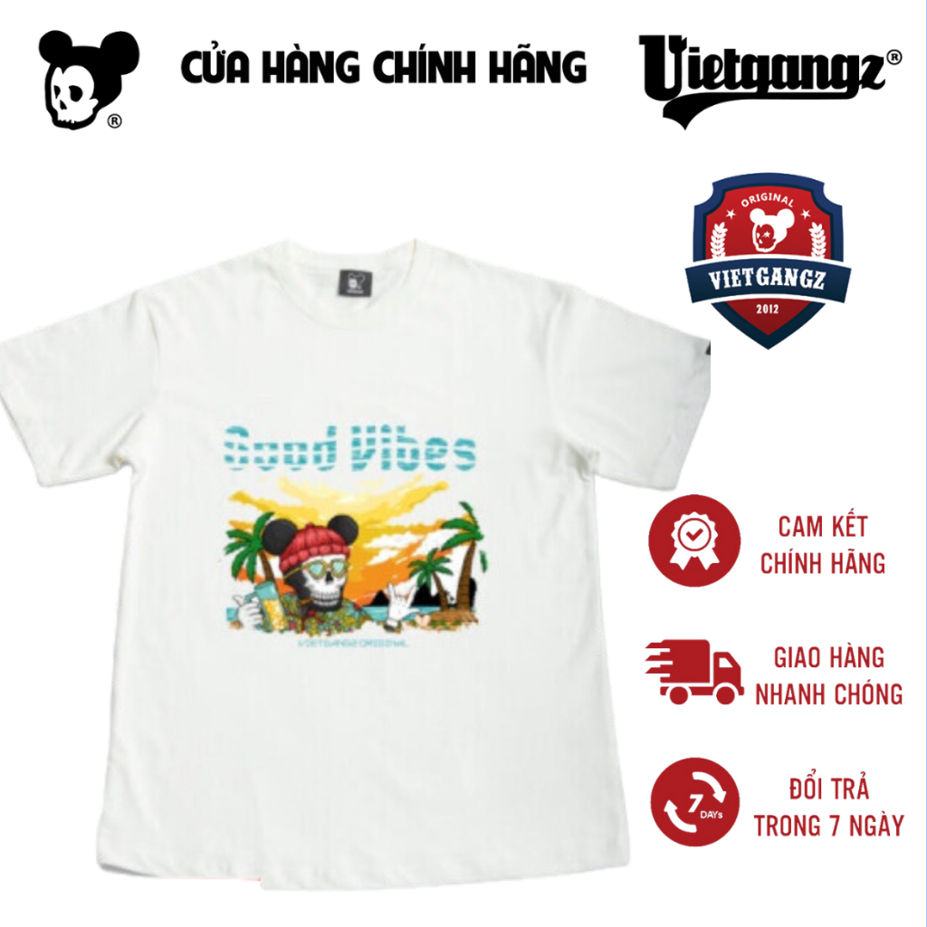 ÁO THUN Good Vibes White Vietgangz COTTON 100% Thêu Chi Tiết Tỉ Mỉ