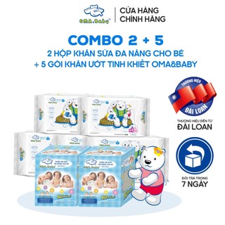 Combo 2 Hộp Khăn Sữa Đa Năng Cho Bé & 5 Gói Khăn Ướt Kháng Khuẩn Tinh Khiết Với Tinh Chất Dưỡng Ẩm Oma&Baby Không Mùi