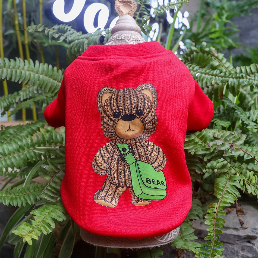 Quần áo nỉ lót lông cho chó mèo giữ ấm, quần áo chó mèo đáng yêu mẫu Gấu đỏ len - Poodle Trần