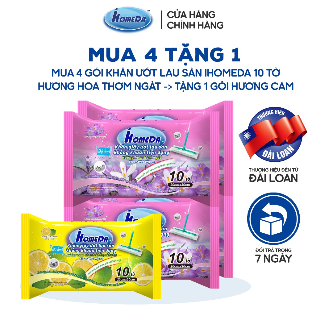 (Mua 4 Tặng 1) Khăn Ướt Lau Sàn iHomeDa Hương Hoa Thơm Ngát (10 Tờ/ Gói)