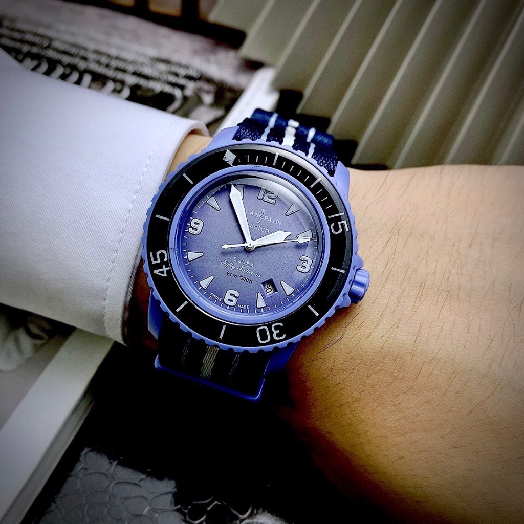 Đồng hồ nam Blancpain x Swatch SO35A100 Bioceramic Atlantic Ocean Watch 42.3mm, Full box, Luxury Diamond Watch