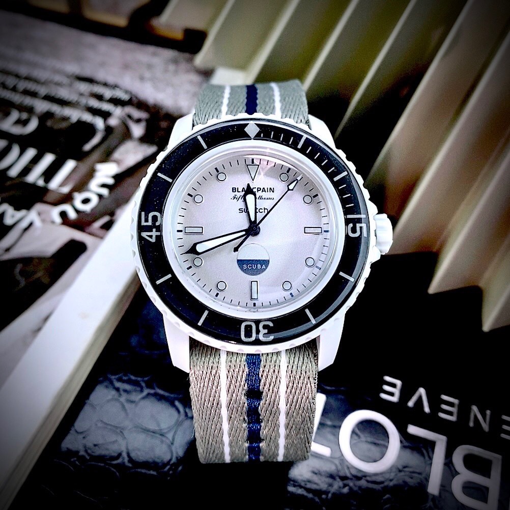 Đồng hồ nam Blancpain x Swatch Scuba Fifty Fathoms Antarctic Ocean Watch SO35S100, Full box, Luxury Diamond Watch