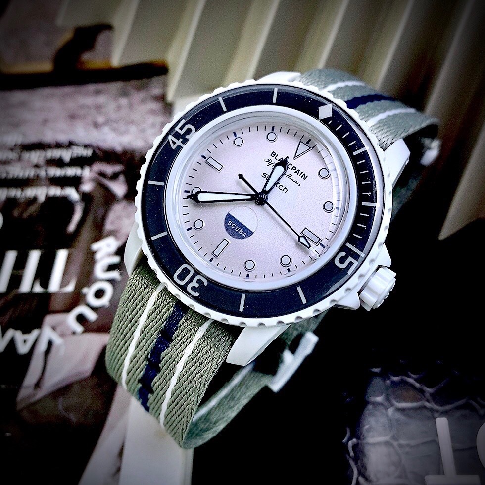 Đồng hồ nam Blancpain x Swatch Scuba Fifty Fathoms Antarctic Ocean Watch SO35S100, Full box, Luxury Diamond Watch