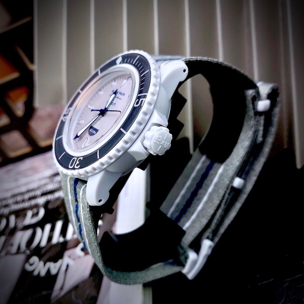 Đồng hồ nam Blancpain x Swatch Scuba Fifty Fathoms Antarctic Ocean Watch SO35S100, Full box, Luxury Diamond Watch