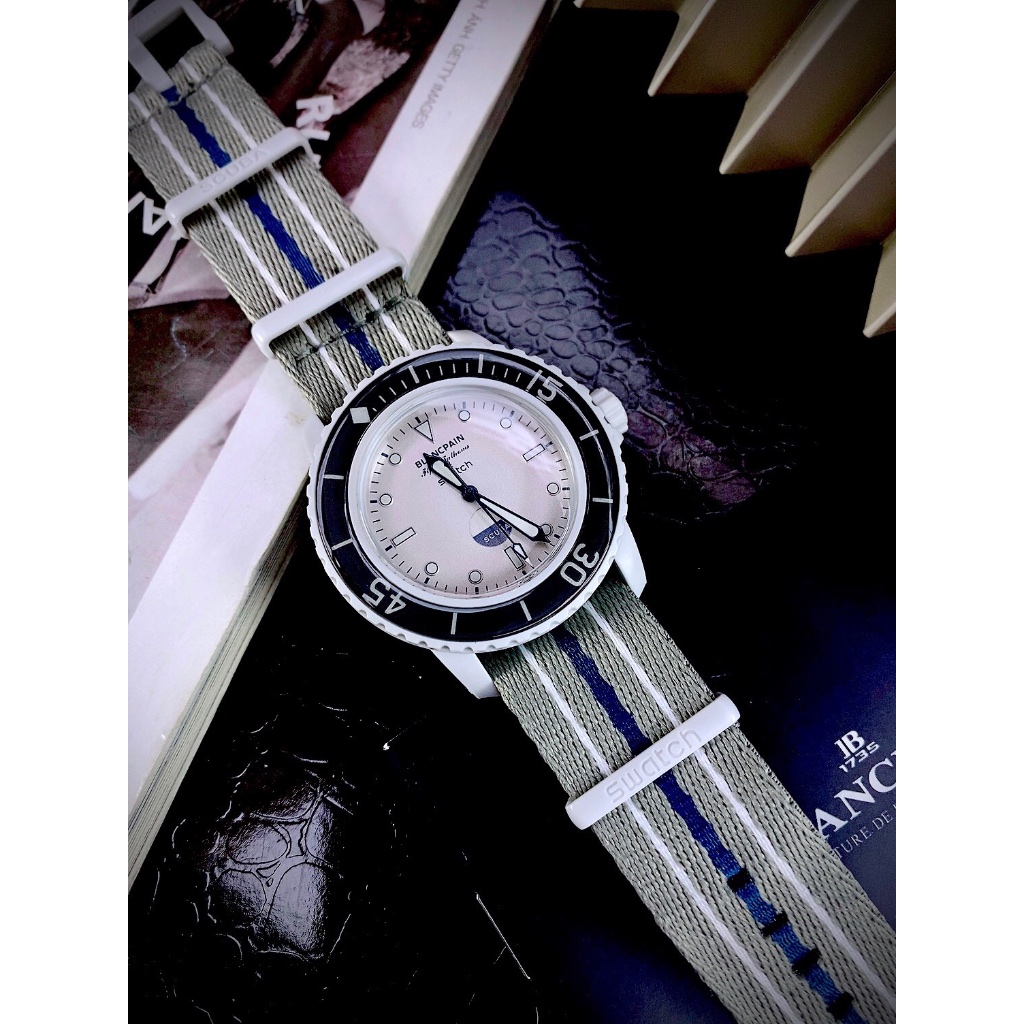 Đồng hồ nam Blancpain x Swatch Scuba Fifty Fathoms Antarctic Ocean Watch SO35S100, Full box, Luxury Diamond Watch