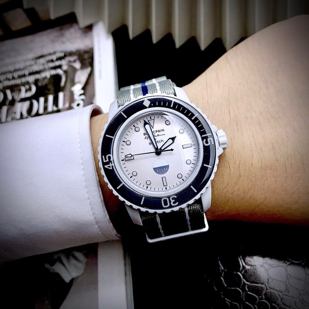 Đồng hồ nam Blancpain x Swatch Scuba Fifty Fathoms Antarctic Ocean Watch SO35S100, Full box, Luxury Diamond Watch