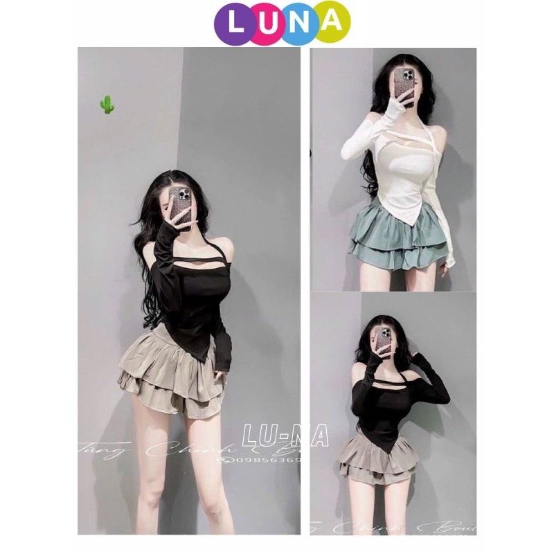 Sét áo thun dài tay vạt chéo trễ vai đan dây ngực kèm chân váy xếp ly 2 tầng xếp ly hottrend thời tr