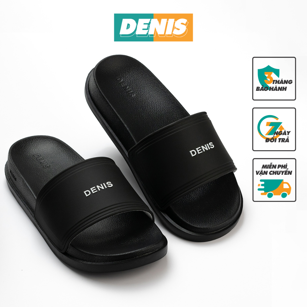 Dép quai ngang Denis Unisex Slipper DT02 đế PU quai PVC màu đen chữ trắng Ngoài trời