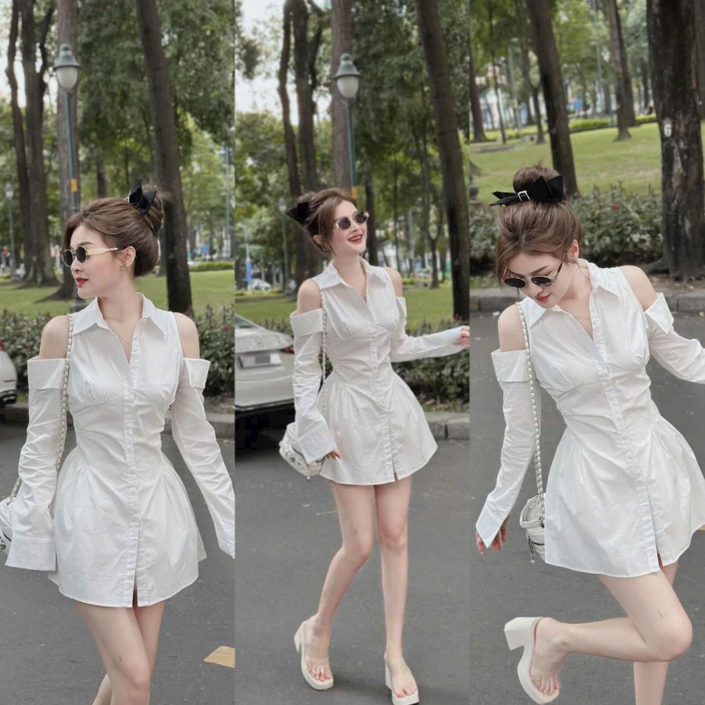 Set Bộ Nữ, Áo Sơ Mi Hở Vai Phom Giấu Quần Trẻ Trung Cho Nàng Thoải Mái Dạo Phố, Đi Cà Phê, Hẹn Hò
