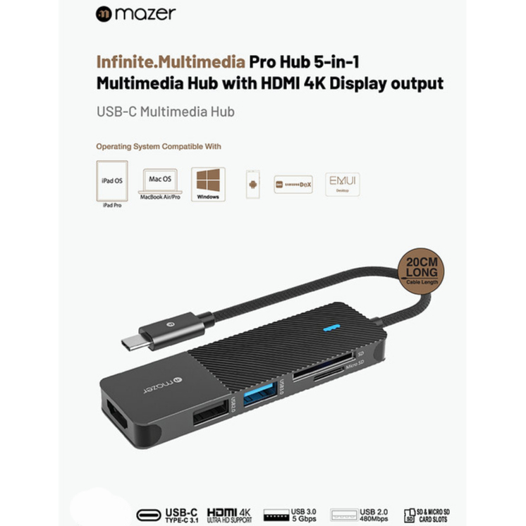 Cổng Chuyển Đổi Mazer Infinite.Multimedia Pro Hub 5-in-1 (1 Cổng 4K30Hz HDMI, 2 Cổng USB-A, Micro SD/SD Card Slot)