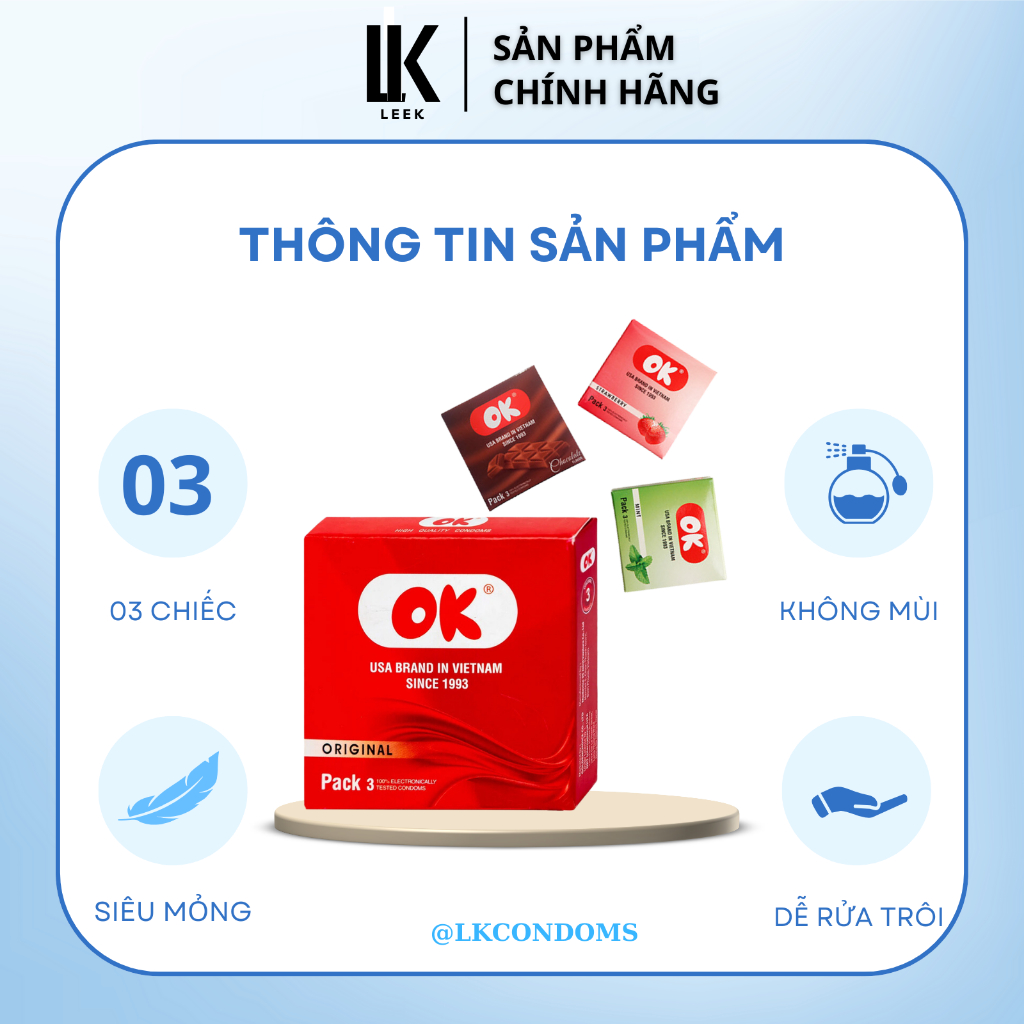 Bao cao su Ok siêu mỏng hộp 3 chiếc bcs hương bạc hà, dâu, nho