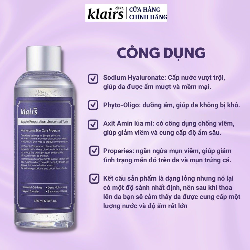 Toner Klairs 180ML không mùi dưỡng ẩm và làm mềm da chính hãng