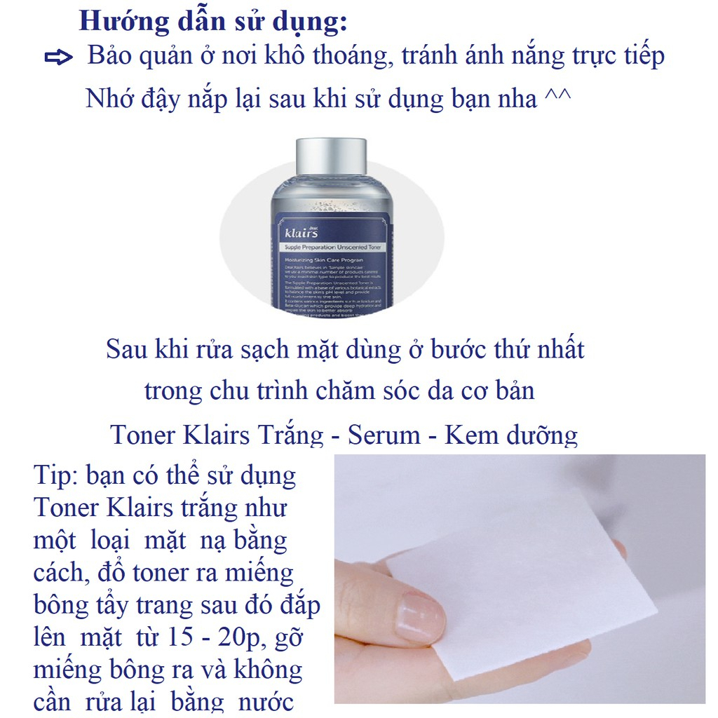 Toner Klairs 180ML không mùi dưỡng ẩm và làm mềm da chính hãng