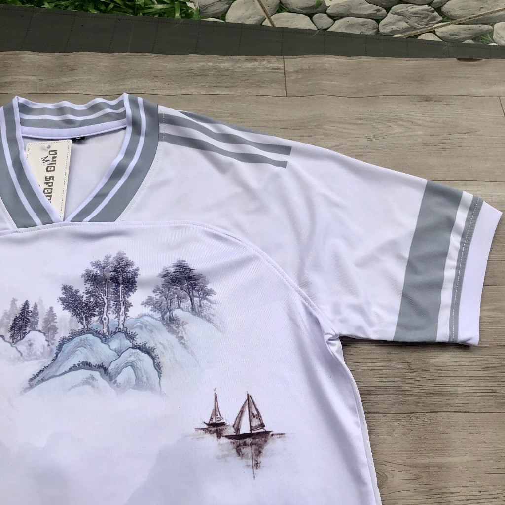 Áo đá bóng in tên - Bộ quần áo đá bóng không logo trắng viền xám họa tiết núi sông -  chất thun lạnh cao cấp