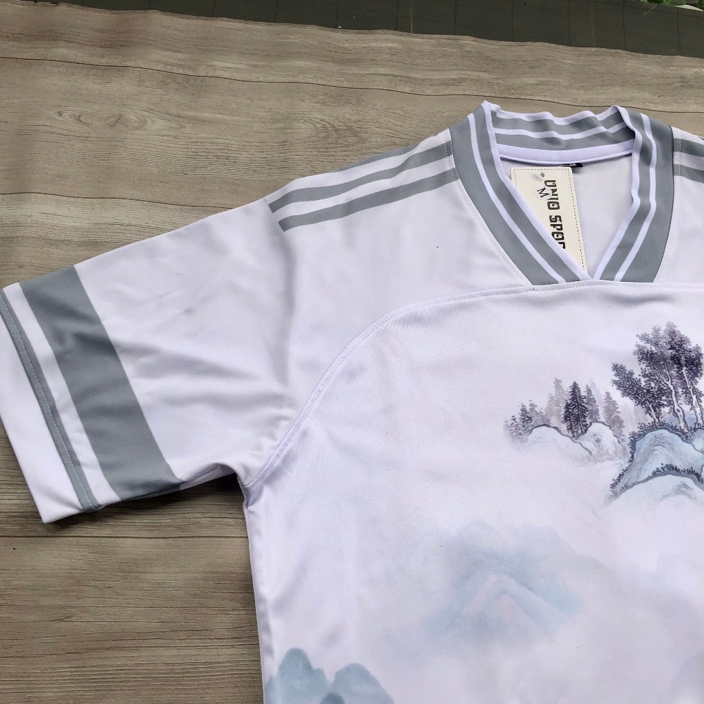 Áo đá bóng in tên - Bộ quần áo đá bóng không logo trắng viền xám họa tiết núi sông -  chất thun lạnh cao cấp