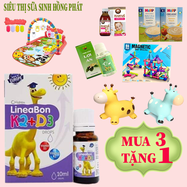 Combo 3 hộp Vitamin D3 k2 Mk7 Lineabon bổ sung vitamin k2d3 giúp bé hấp thu tối đa canxi lọ 10ml