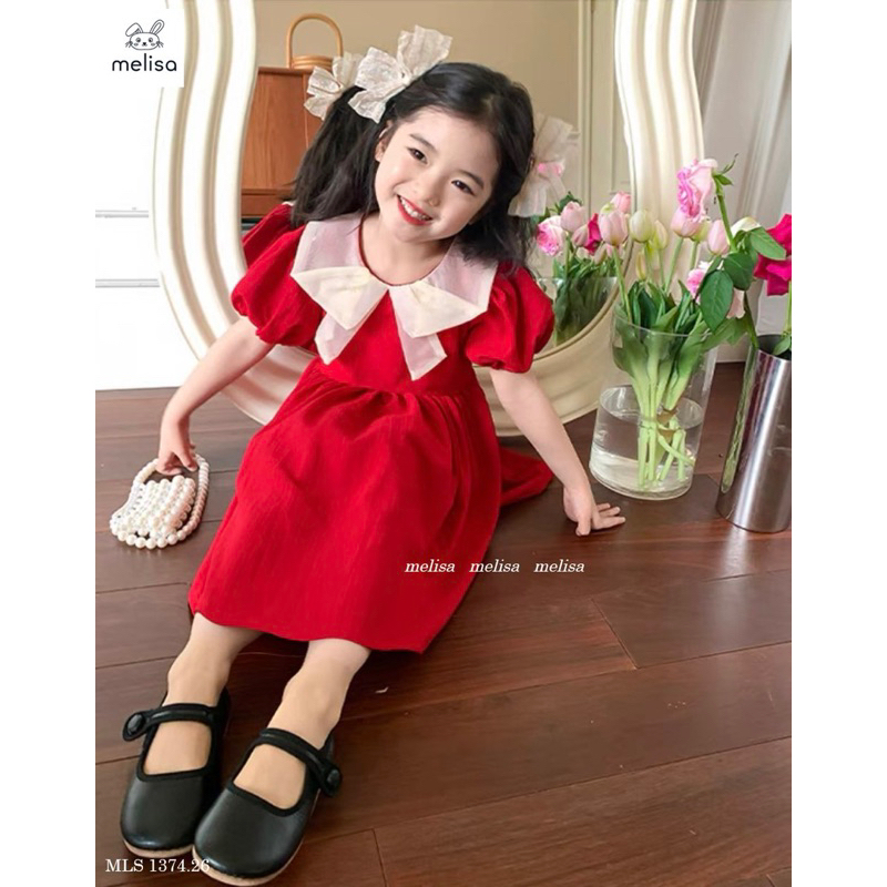 Đầm đỏ Melisa cổ nơ trắng tay phồng bé gái đáng yêu